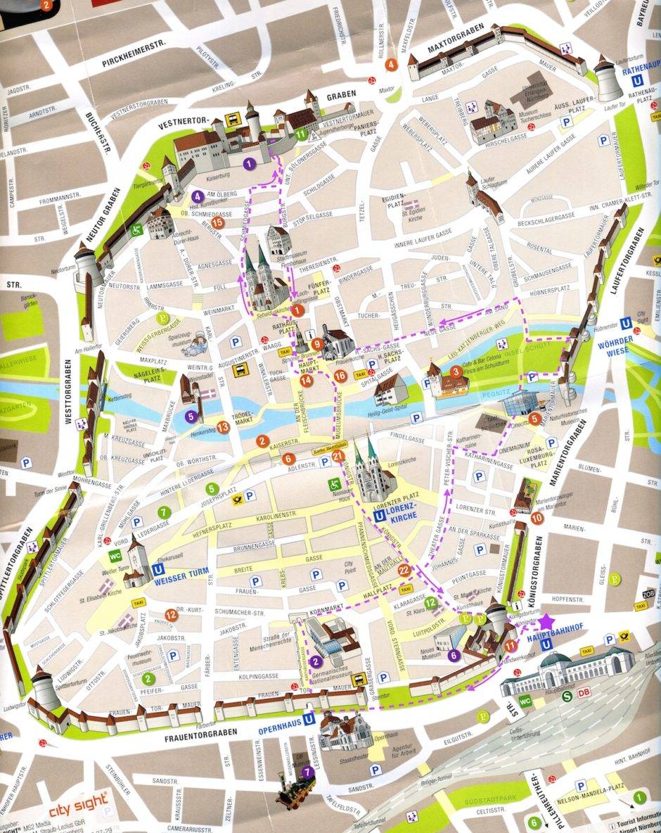 Карта Старого города Нюрнберга с обозначением маршрута прогулки